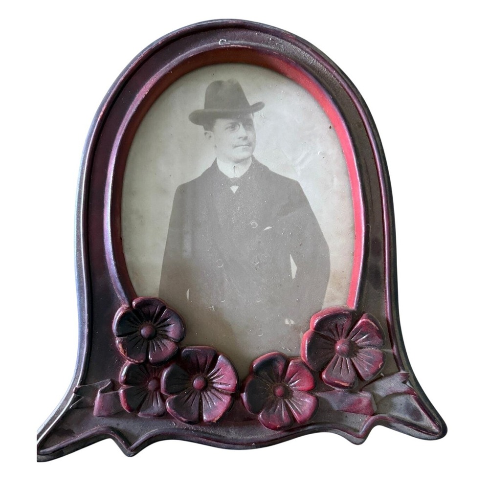 Antique Art Nouveau Picture Frame Oval Floral Red Black 1920s
